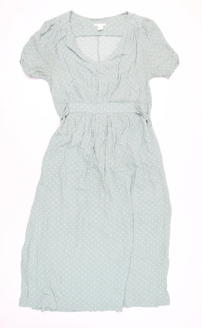 H&M Women Green Polka Dot Midi Wrap Dress Size 8 Short Sleeve