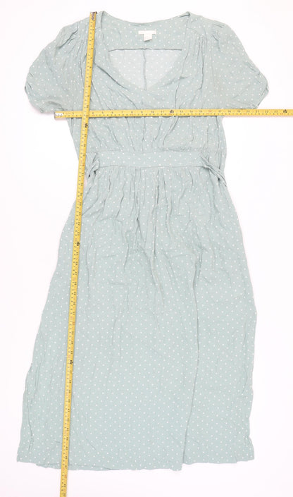 H&M Women Green Polka Dot Midi Wrap Dress Size 8 Short Sleeve