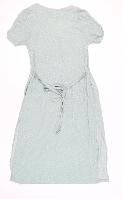 H&M Women Green Polka Dot Midi Wrap Dress Size 8 Short Sleeve