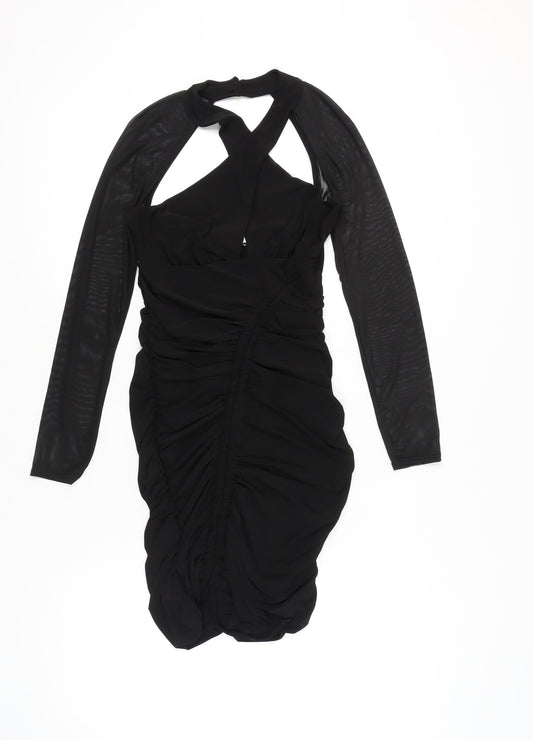 Club L London Women’s Black Size 12 Bodycon Ruched Halter Mini Dress