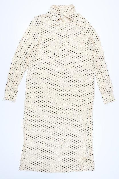 H&M Women’s Beige Polka Dot Collared Long Sleeve Shirt Dress XS
