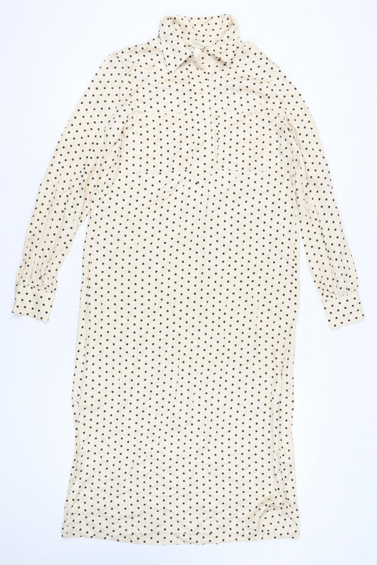 H&M Women’s Beige Polka Dot Collared Long Sleeve Shirt Dress XS