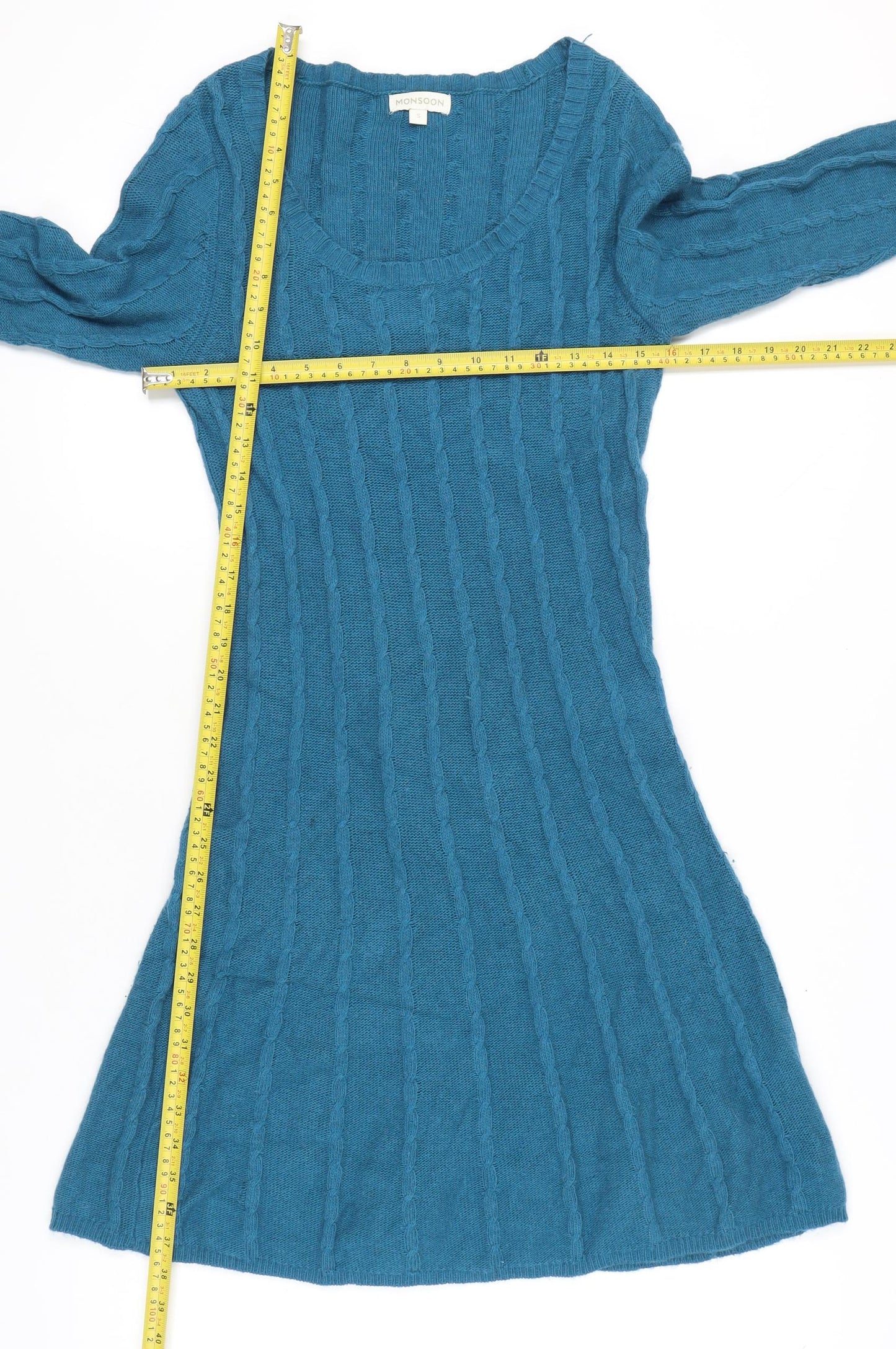 Monsoon Women’s Blue Knit A-Line Dress S Knee Length 3/4 Sleeve