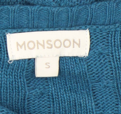 Monsoon Women’s Blue Knit A-Line Dress S Knee Length 3/4 Sleeve