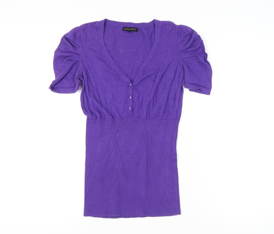 Laura Ashley Womens Purple Cotton Henley Jumper UK 12 Short Puff Sleeve