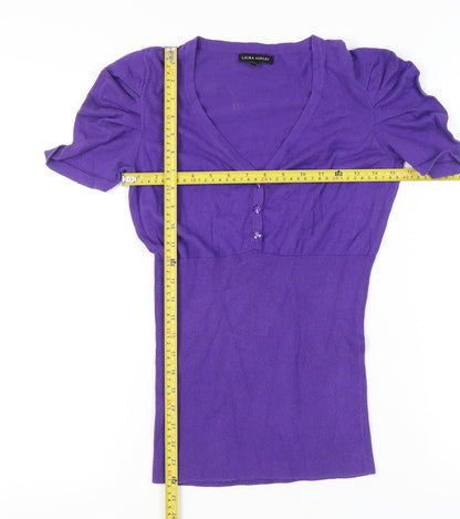 Laura Ashley Womens Purple Cotton Henley Jumper UK 12 Short Puff Sleeve