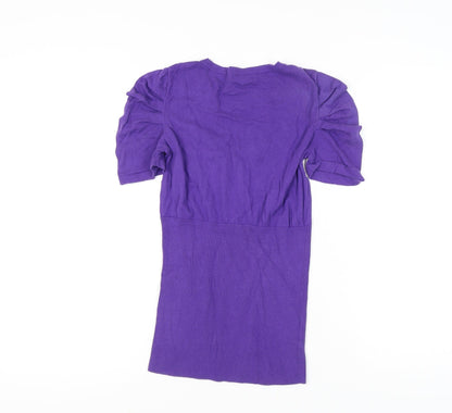 Laura Ashley Womens Purple Cotton Henley Jumper UK 12 Short Puff Sleeve
