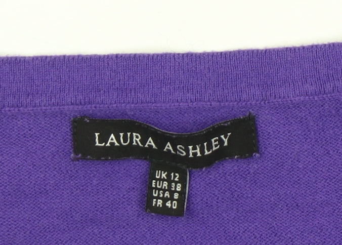 Laura Ashley Womens Purple Cotton Henley Jumper UK 12 Short Puff Sleeve