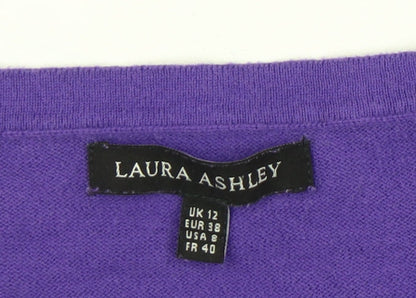 Laura Ashley Womens Purple Cotton Henley Jumper UK 12 Short Puff Sleeve