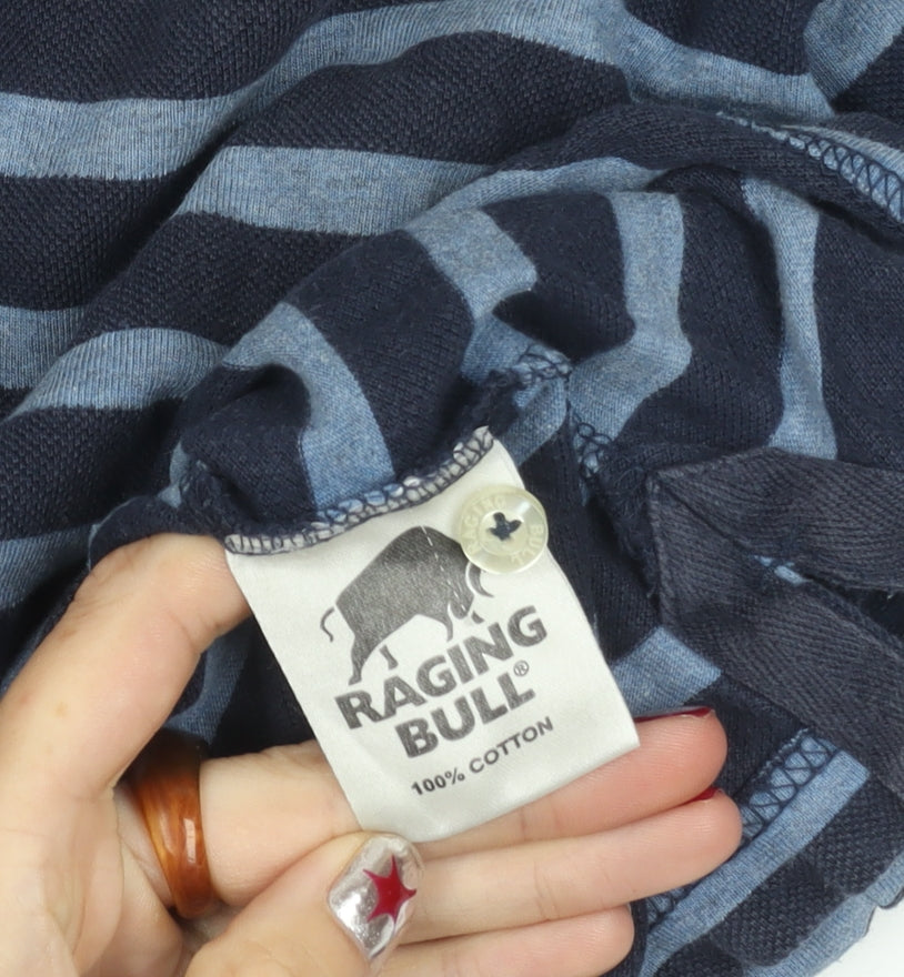 Raging Bull Men's Blue Striped Cotton Polo Shirt M Regular Fit