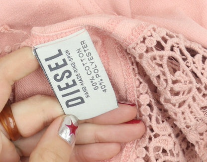 Diesel Women's Pink Crochet Hem Crew Neck Pullover Jumper M