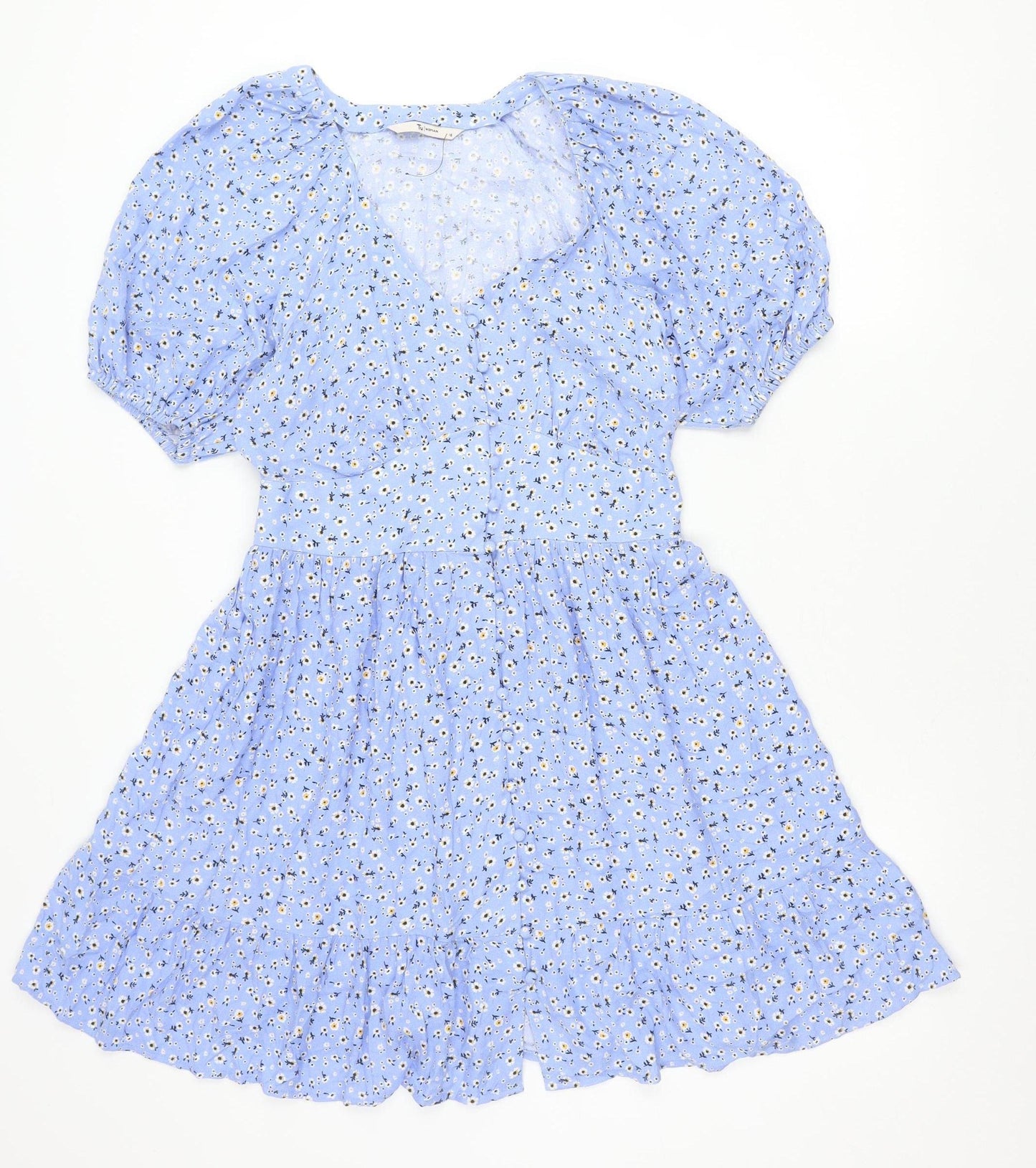 Tu Women Blue Floral Short Puff Sleeve A-Line Dress Size 10