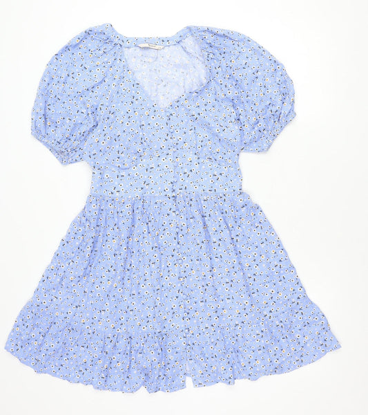 Tu Women Blue Floral Short Puff Sleeve A-Line Dress Size 10
