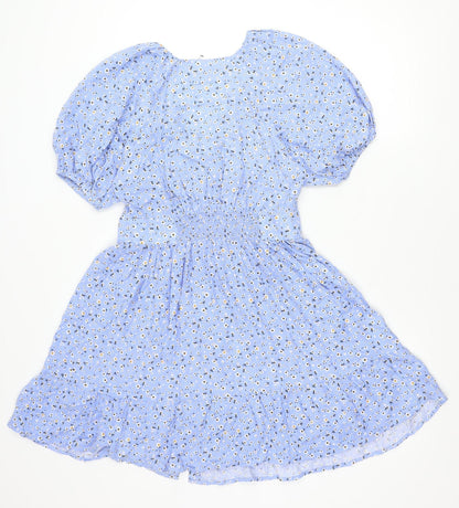 Tu Women Blue Floral Short Puff Sleeve A-Line Dress Size 10