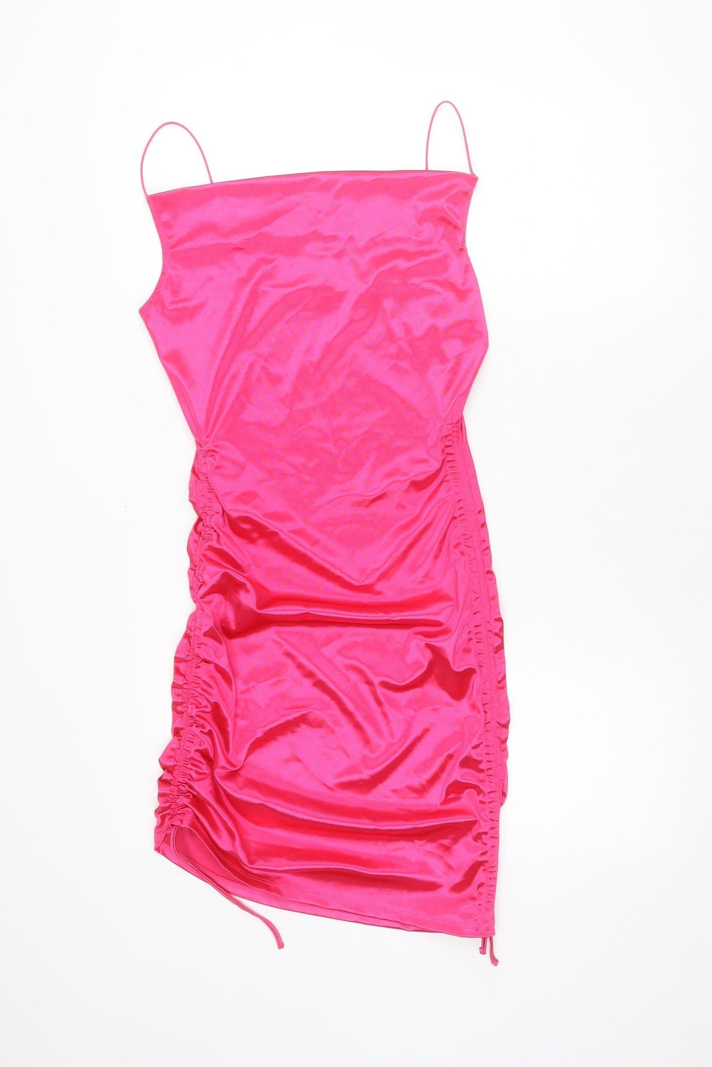 H&M Divided Women’s Pink Satin Slip Mini Dress S Ruched Spaghetti Straps