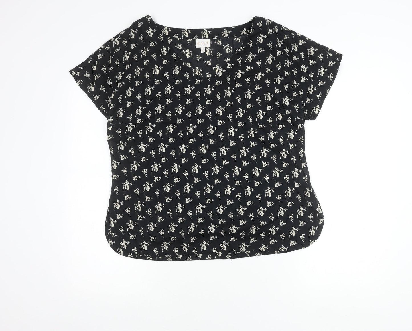 East Women’s Black Floral Viscose Blouse M Short Sleeve Summer Top