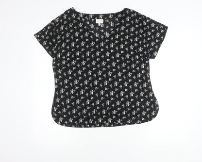 East Women’s Black Floral Viscose Blouse M Short Sleeve Summer Top