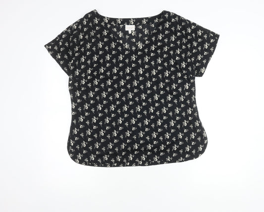 East Women’s Black Floral Viscose Blouse M Short Sleeve Summer Top