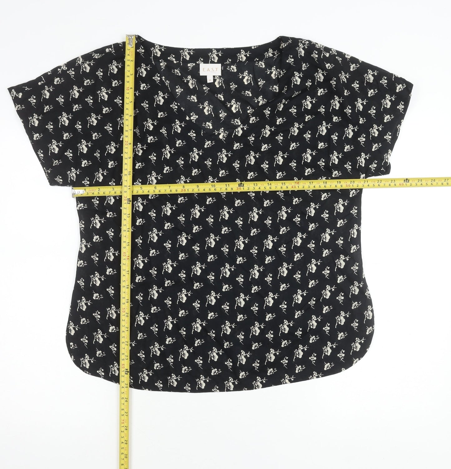 East Women’s Black Floral Viscose Blouse M Short Sleeve Summer Top