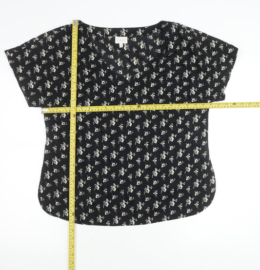 East Women’s Black Floral Viscose Blouse M Short Sleeve Summer Top