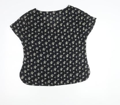 East Women’s Black Floral Viscose Blouse M Short Sleeve Summer Top