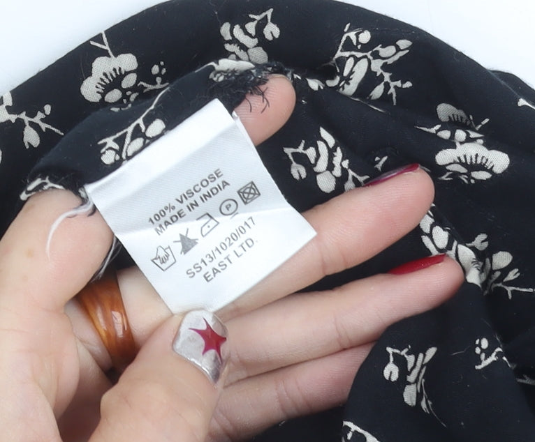 East Women’s Black Floral Viscose Blouse M Short Sleeve Summer Top