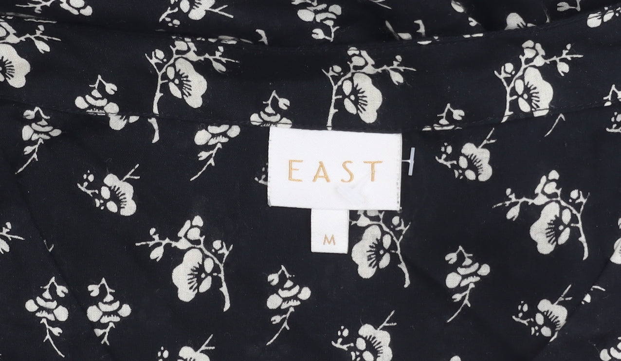 East Women’s Black Floral Viscose Blouse M Short Sleeve Summer Top