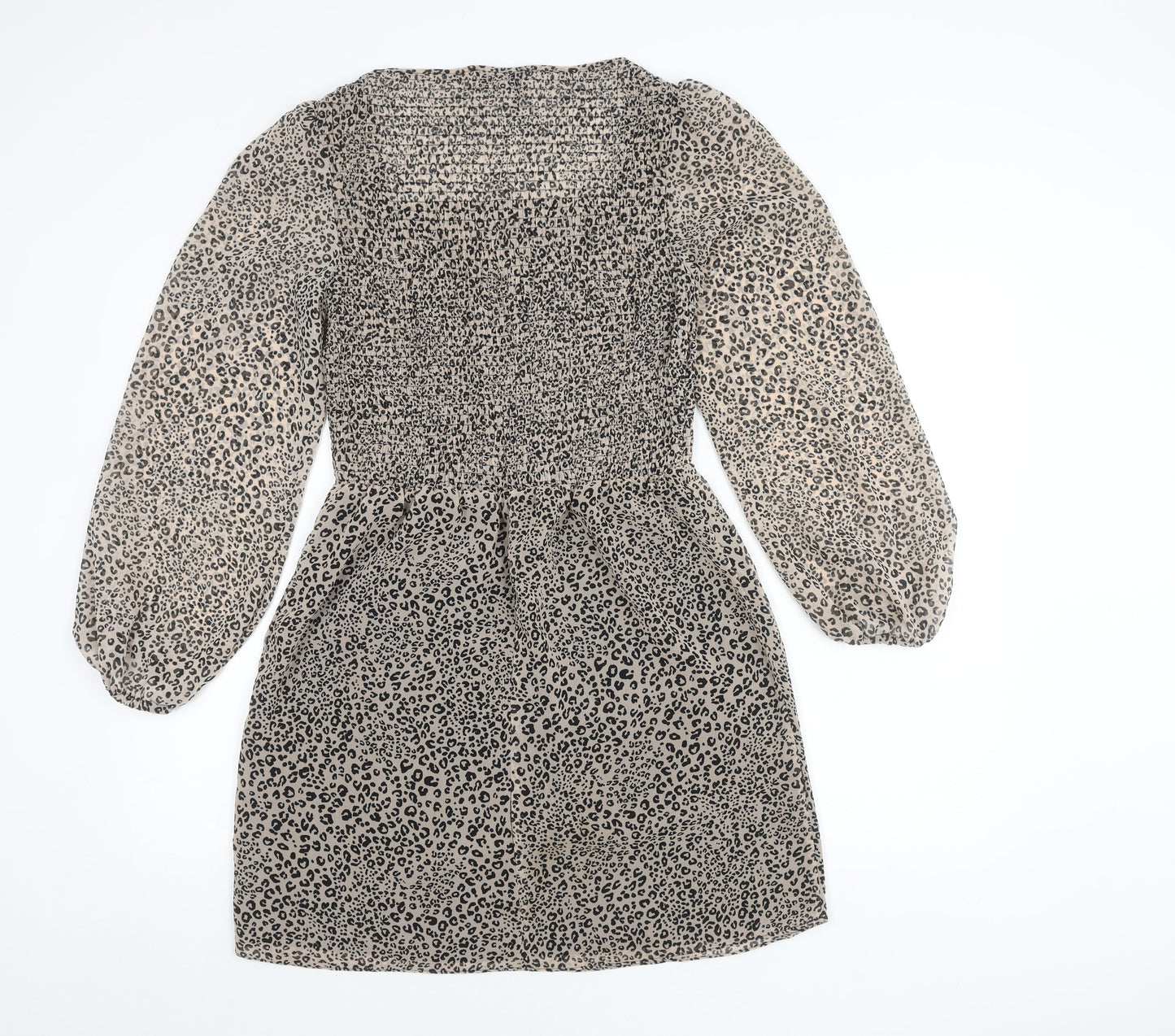 &et Women’s Beige Leopard Print Mini Dress Size 10 Puff Sleeves