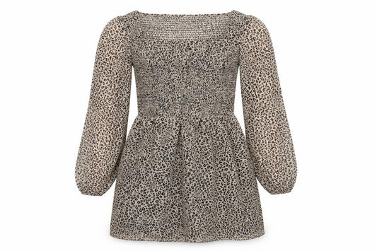&et Women’s Beige Leopard Print Mini Dress Size 10 Puff Sleeves