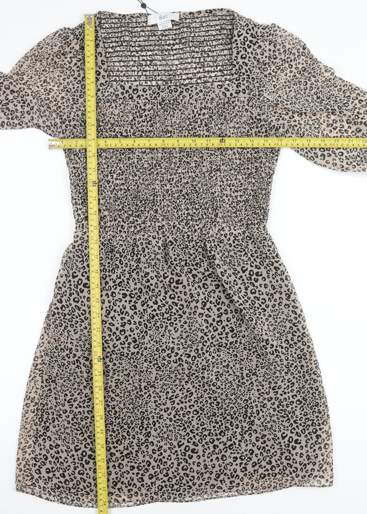 &et Women’s Beige Leopard Print Mini Dress Size 10 Puff Sleeves