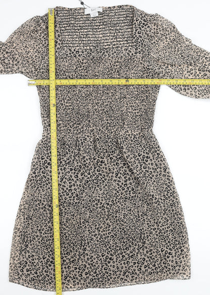 &et Women’s Beige Leopard Print Mini Dress Size 10 Puff Sleeves