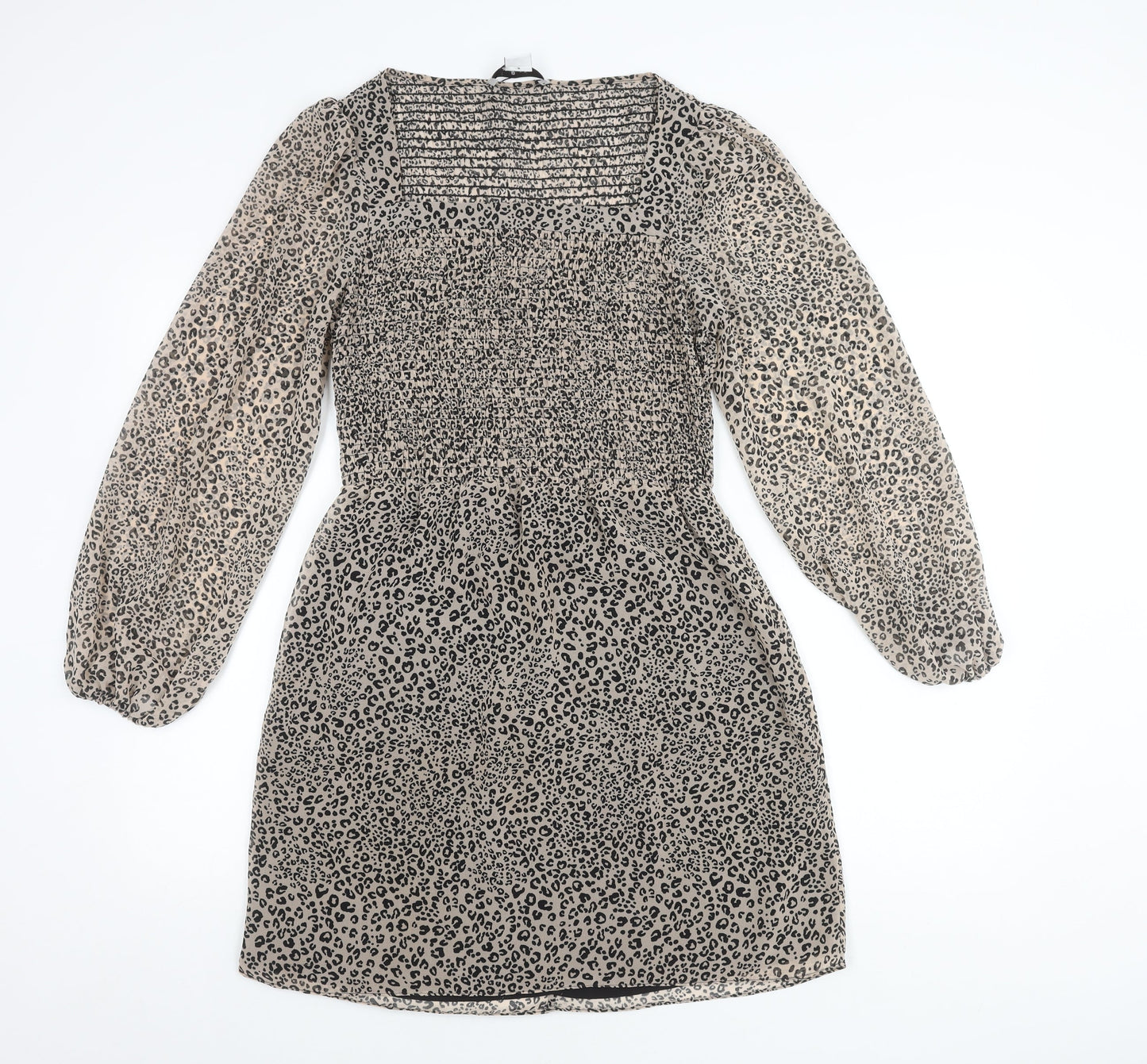 &et Women’s Beige Leopard Print Mini Dress Size 10 Puff Sleeves