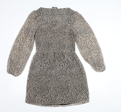 &et Women’s Beige Leopard Print Mini Dress Size 10 Puff Sleeves