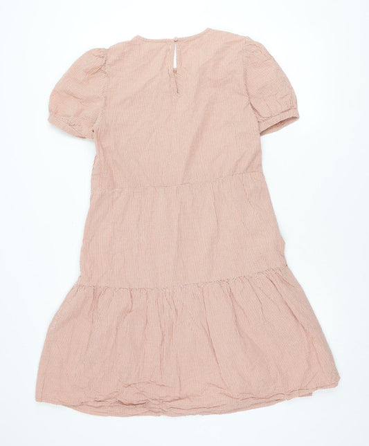 Next Women Orange Check A-Line Puff Sleeve Dress Size 12 Short