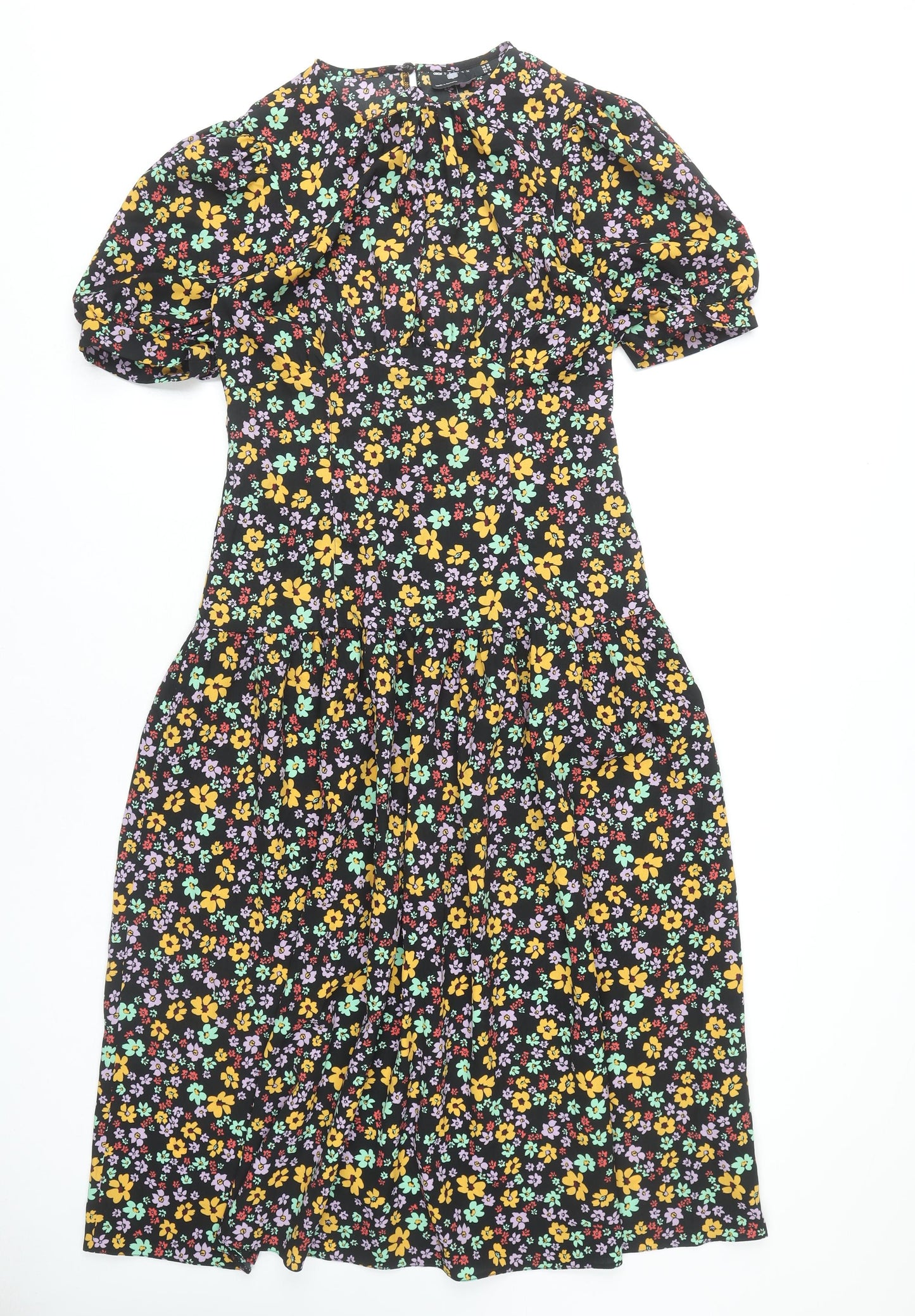 ASOS DESIGN Women's Multicoloured Floral Midi A-Line Puff Sleeve Dress Size 10