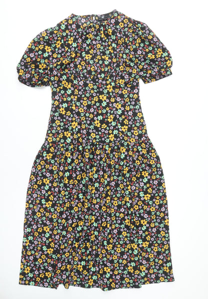 ASOS DESIGN Women's Multicoloured Floral Midi A-Line Puff Sleeve Dress Size 10