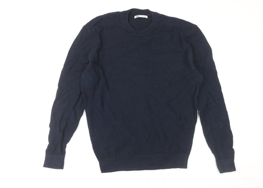Zara Men's Blue Cotton Waffle-Knit Pullover Jumper M