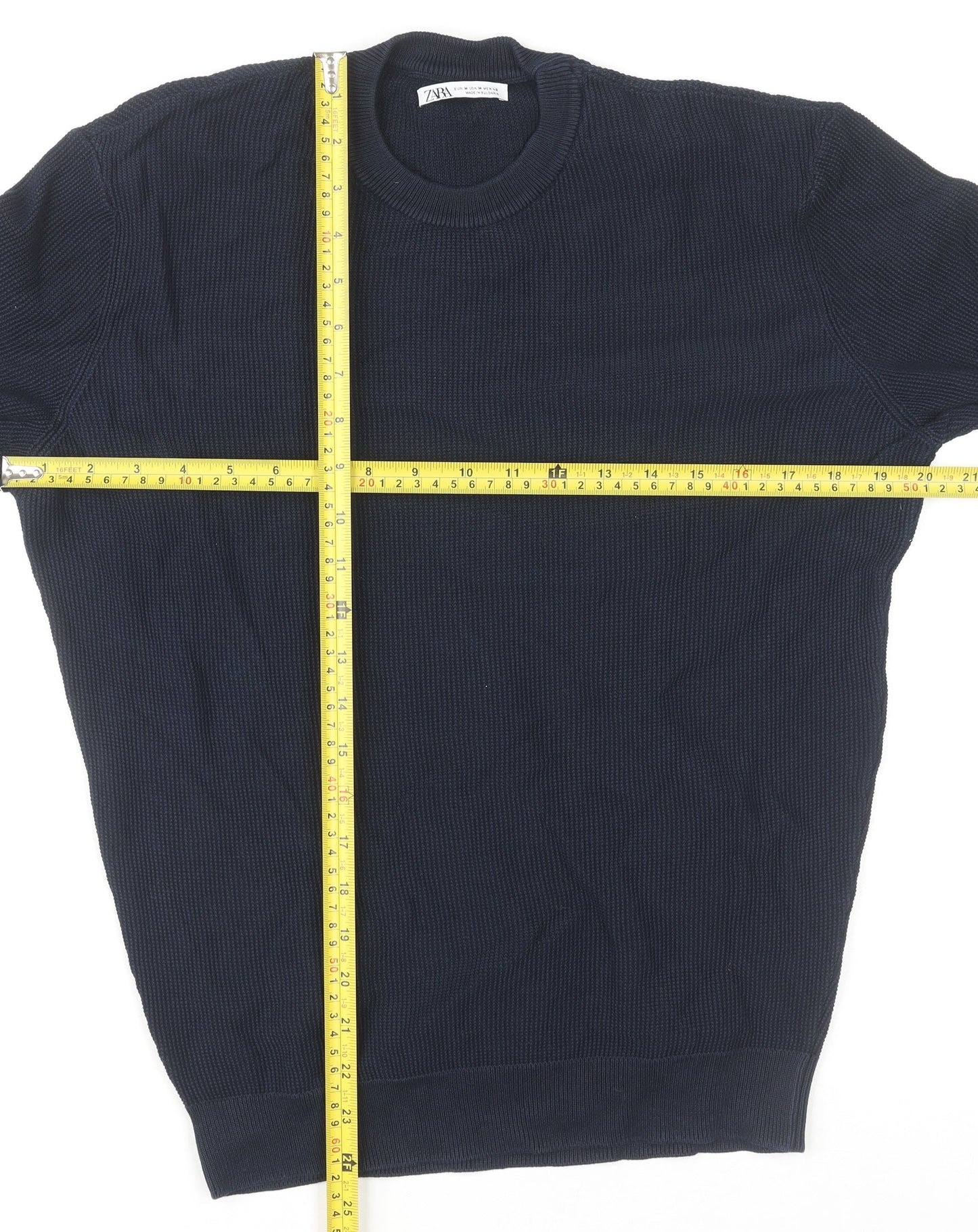 Zara Men's Blue Cotton Waffle-Knit Pullover Jumper M