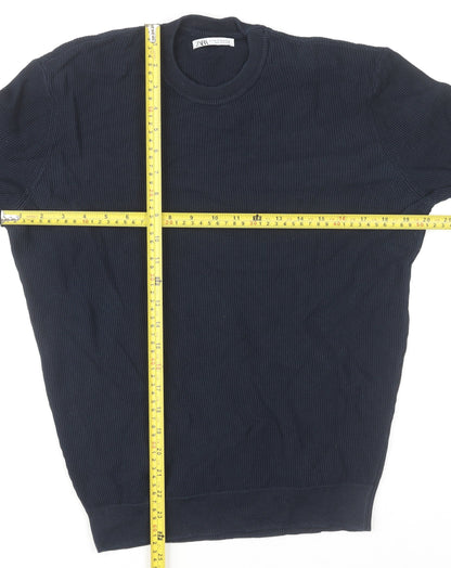Zara Men's Blue Cotton Waffle-Knit Pullover Jumper M