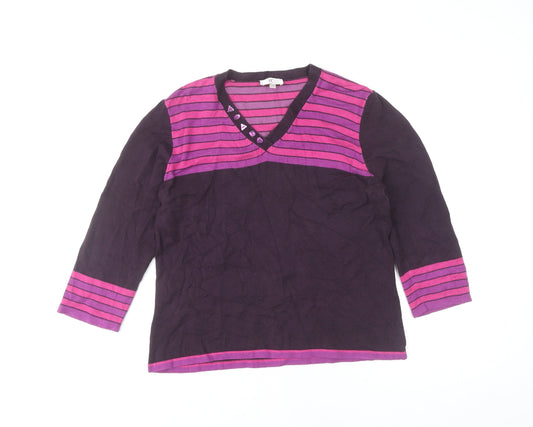 CC Women's Purple Striped V-Neck 3/4 Sleeve Pullover Jumper M