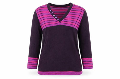 Country Casuals Women's Purple Striped V-Neck 3/4 Sleeve Pullover Jumper M