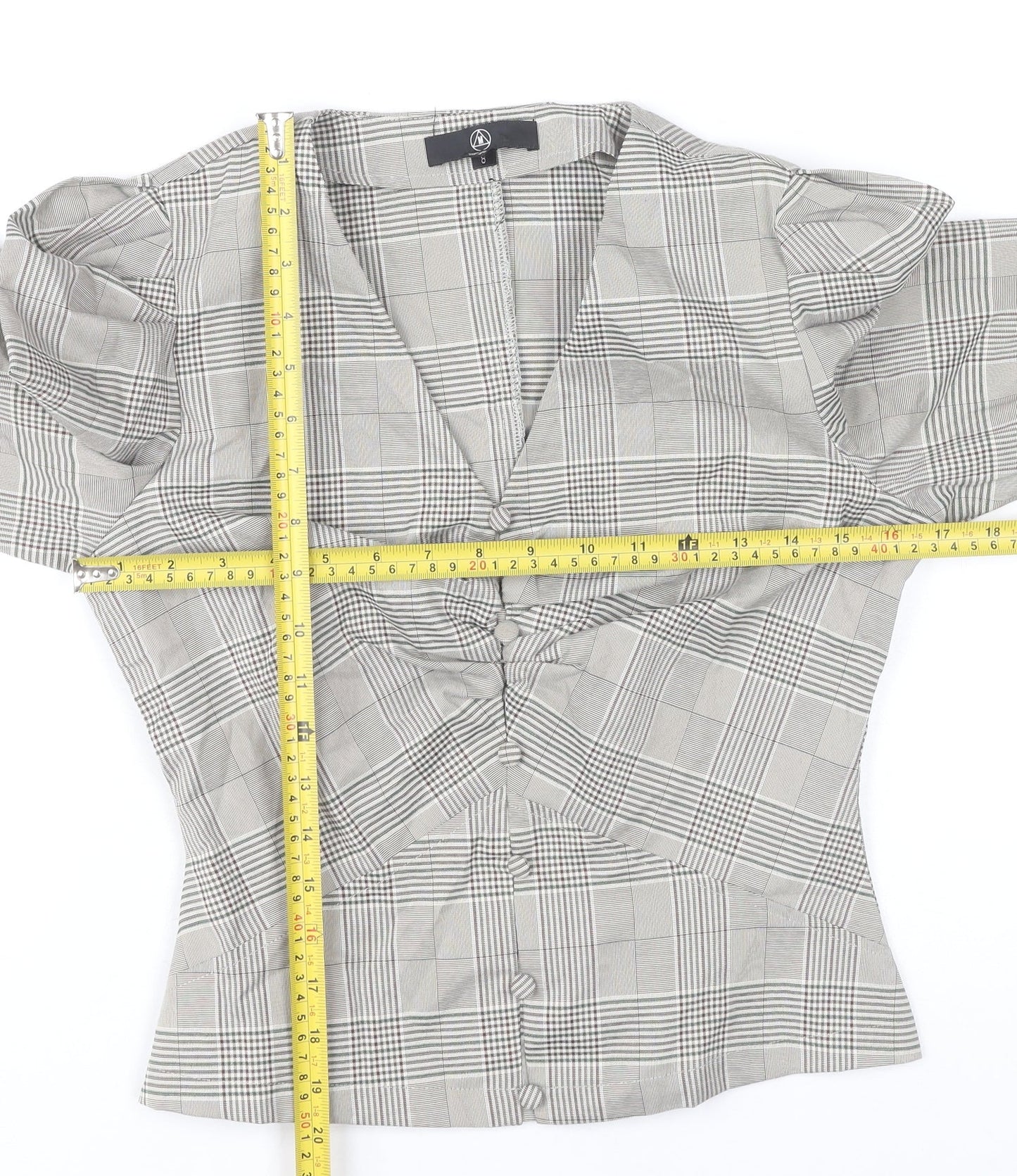 Missguided Women's Grey Check Slim Fit Puff Sleeve V-Neck Blouse UK 8