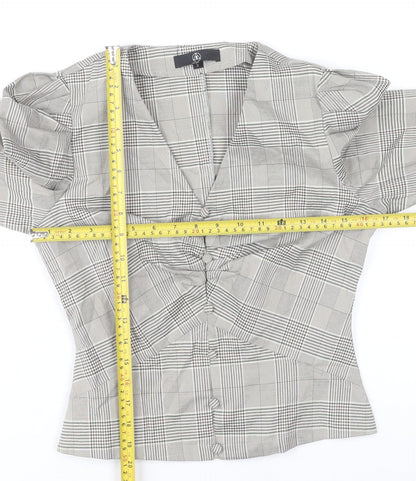 Missguided Women's Grey Check Slim Fit Puff Sleeve V-Neck Blouse UK 8