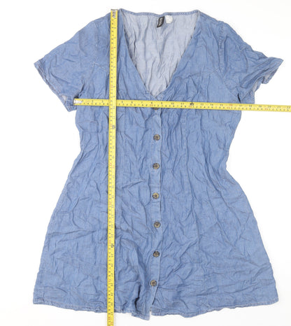 H&M Women’s Blue Short Shirt Dress UK 12 V-Neck Button Casual