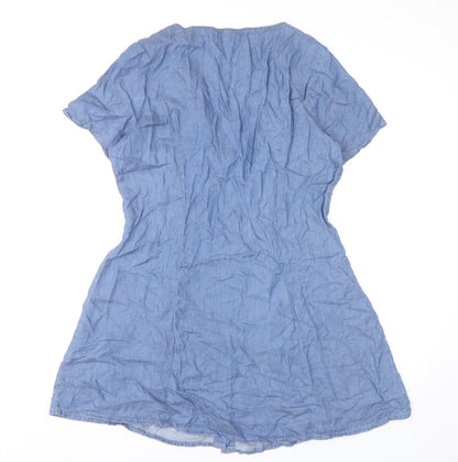 H&M Women’s Blue Short Shirt Dress UK 12 V-Neck Button Casual