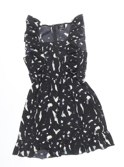 AX Paris Women's Black Abstract Print Ruffle Sleeveless A-Line Dress Size 10