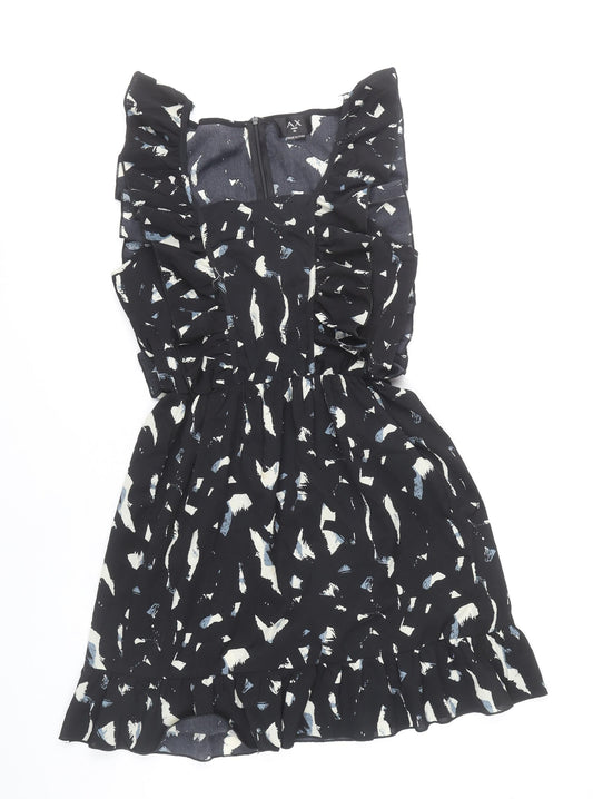 AX Paris Women's Black Abstract Print Ruffle Sleeveless A-Line Dress Size 10
