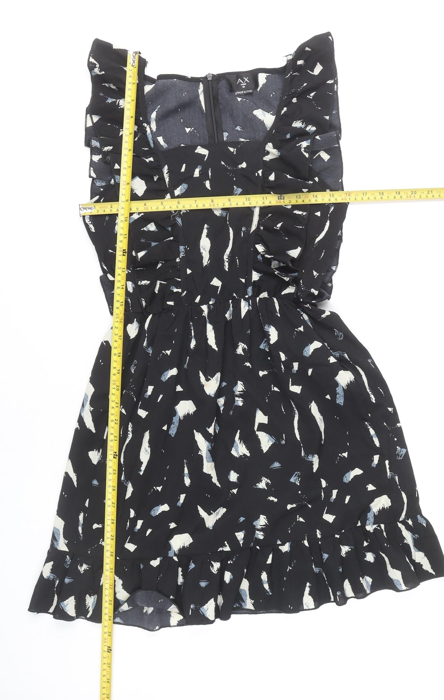 AX Paris Women's Black Abstract Print Ruffle Sleeveless A-Line Dress Size 10