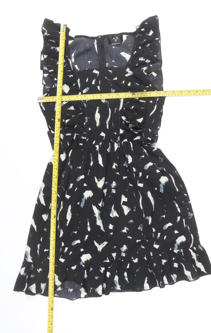 AX Paris Women's Black Abstract Print Ruffle Sleeveless A-Line Dress Size 10