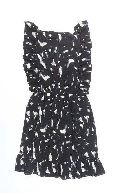AX Paris Women's Black Abstract Print Ruffle Sleeveless A-Line Dress Size 10